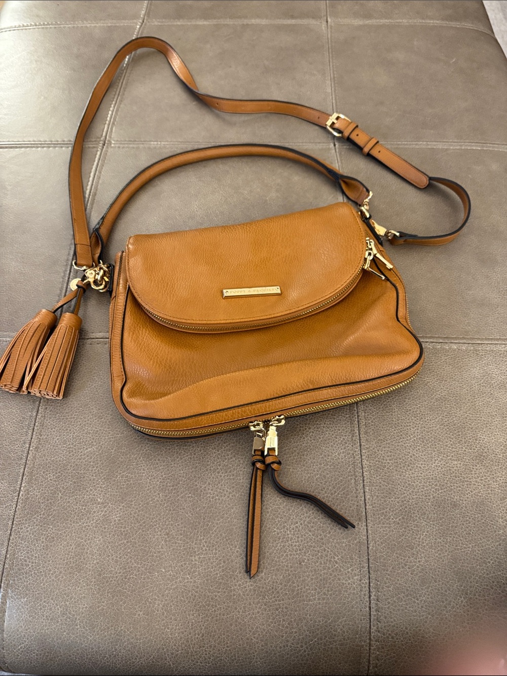 Poppy and Peonies - Cognac Leather Crossbody with Tassel Detail